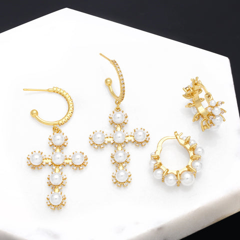 Pearl Geometric Circle Ear Clip Cross Eardrops