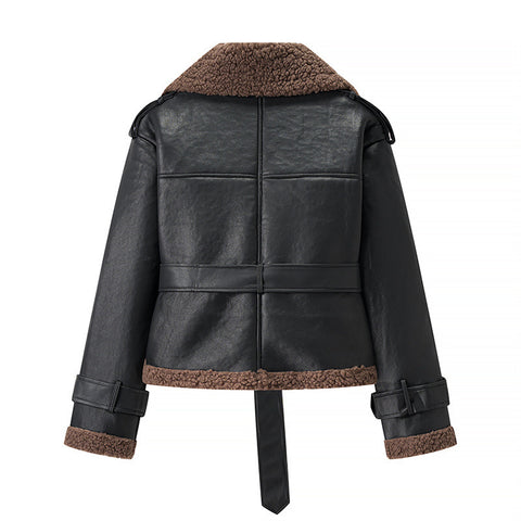 Autumn And Winter Short Flared Fur-Lined Coat With Collar