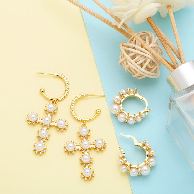 Pearl Geometric Circle Ear Clip Cross Eardrops